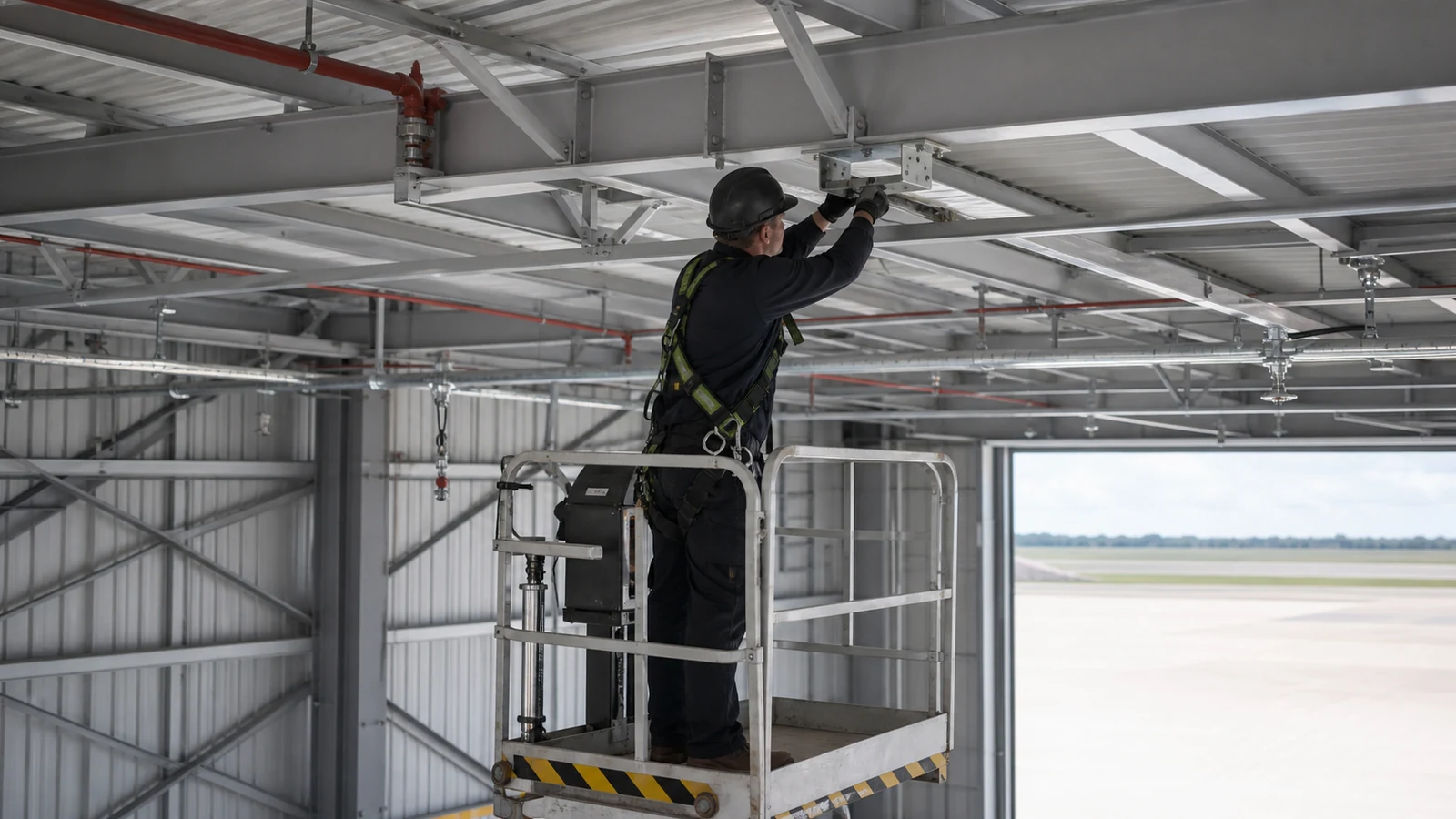 Installer safely mounts hangar lighting to coordinated secondary steel above the maintenance floor.