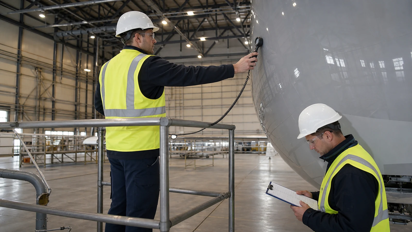 Commissioning team measures light on an aircraft surface and records acceptance results.