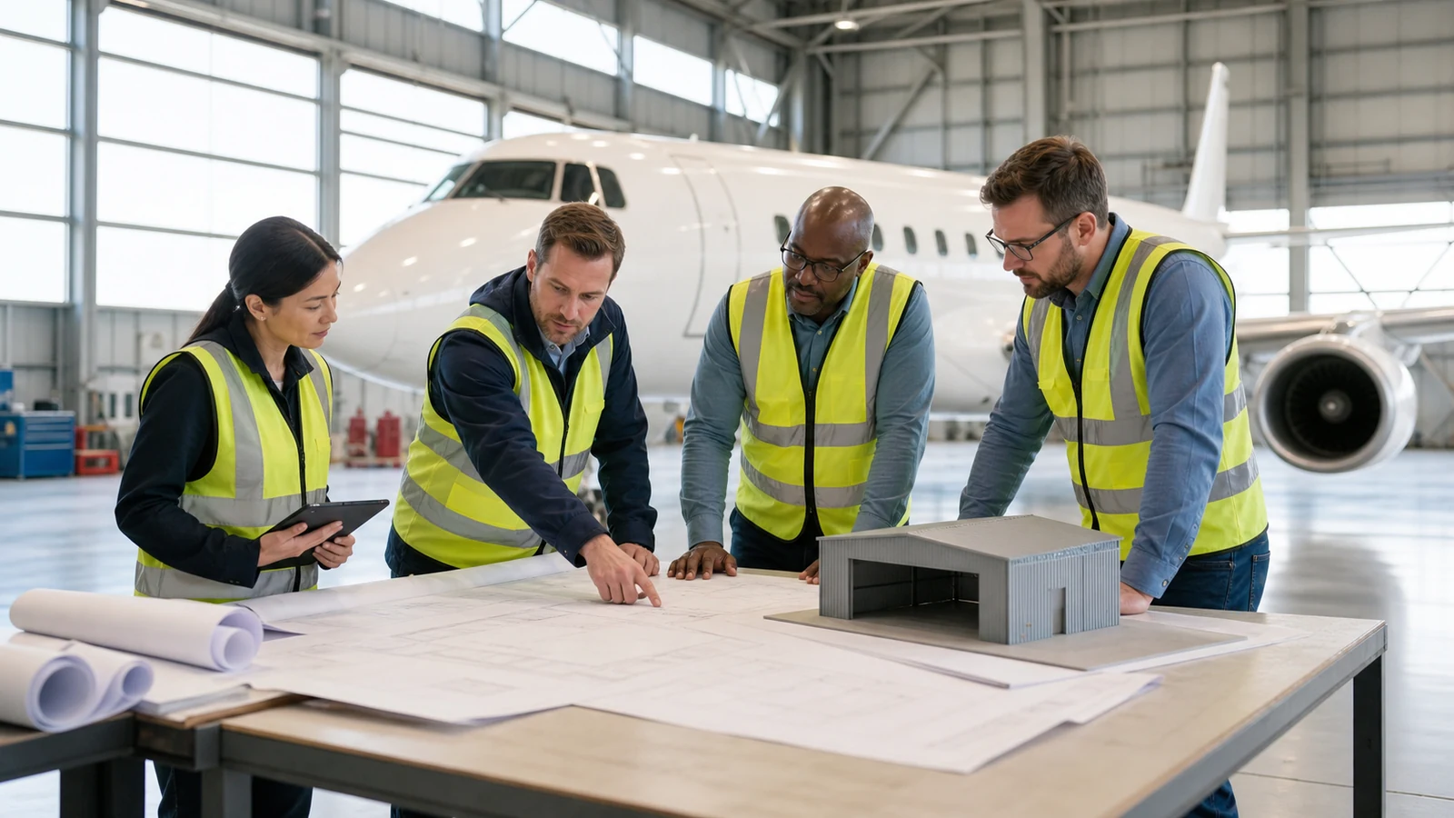 Operator and design team coordinate aircraft use, hangar structure, and lighting responsibilities.