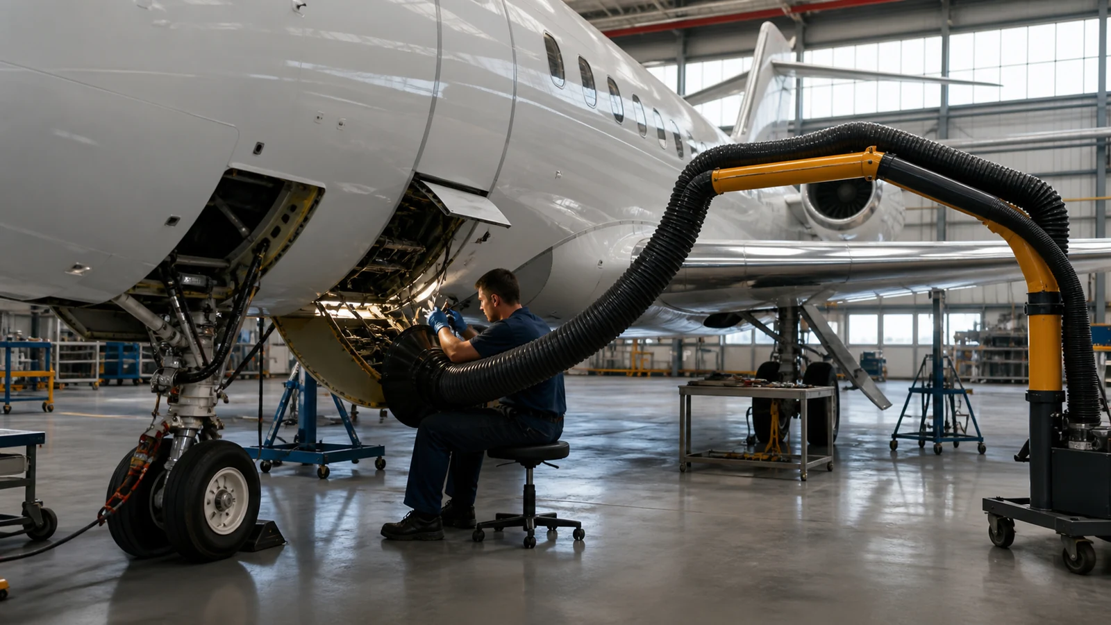 Aircraft maintenance bay with a local exhaust arm positioned beside active component work.