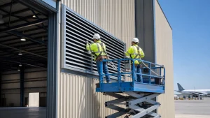 Crew installs a weather-protected air louver in a framed steel hangar wall opening.