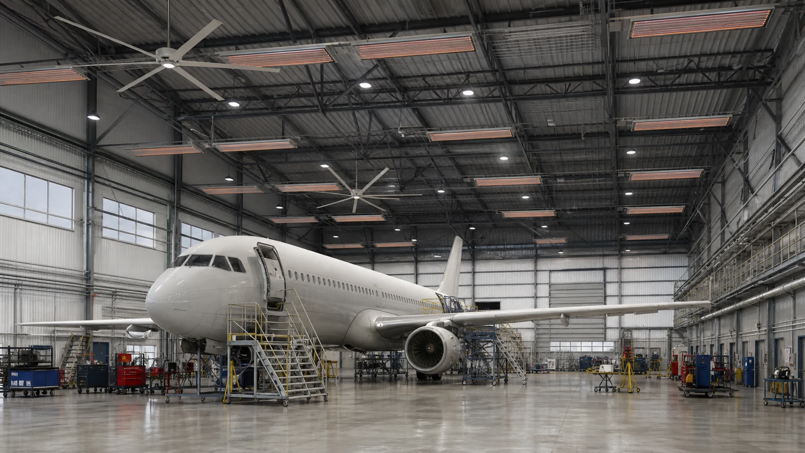 Operating aircraft hangar with high-level air circulation and radiant heating above work zones.