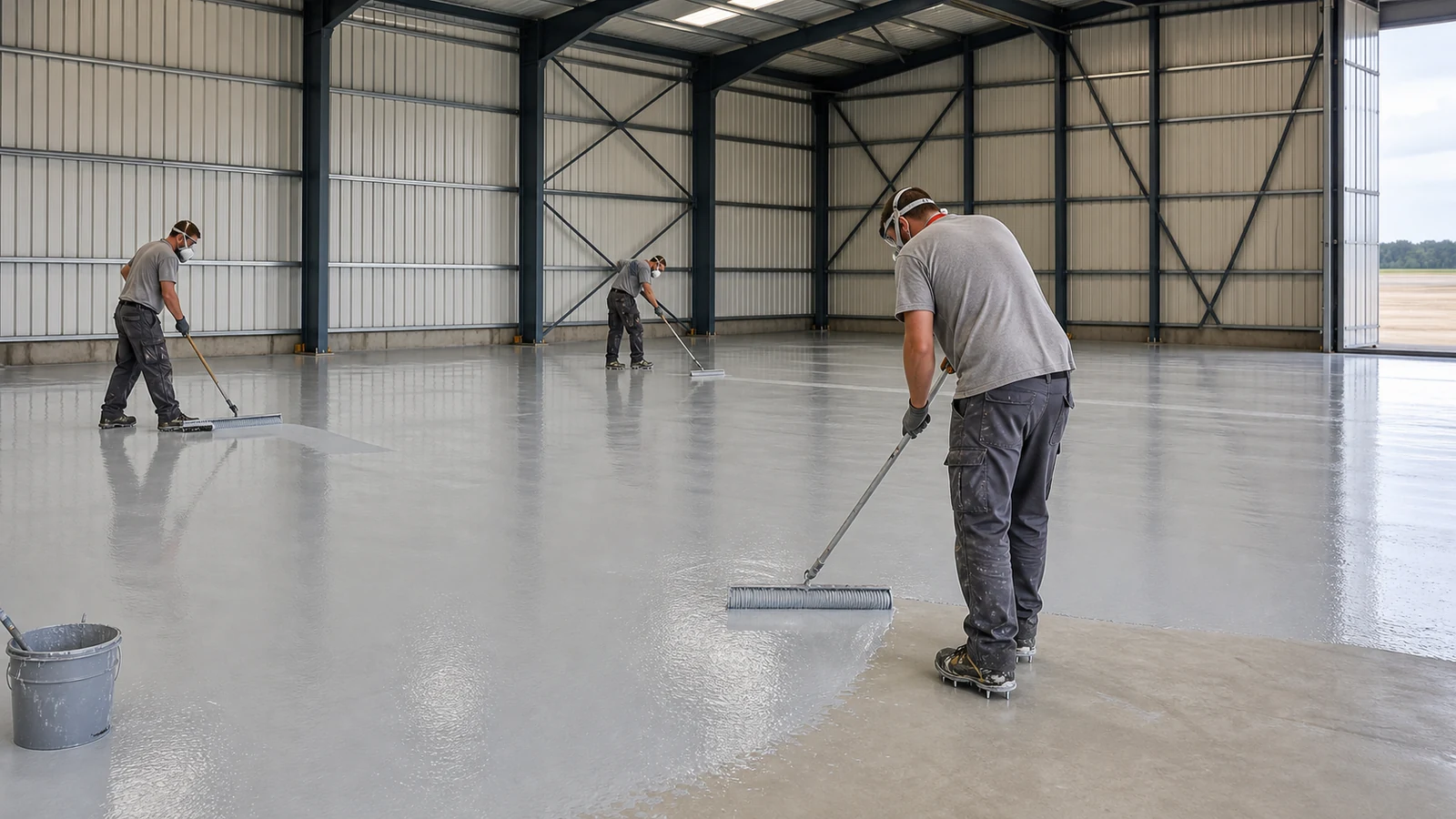 Crew applies a light gray resin coating system inside a steel aircraft hangar