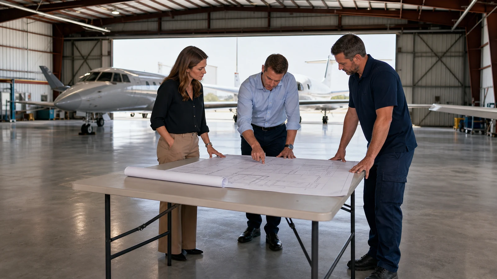 Engineering team reviews hangar safety drawings and structural interface records
