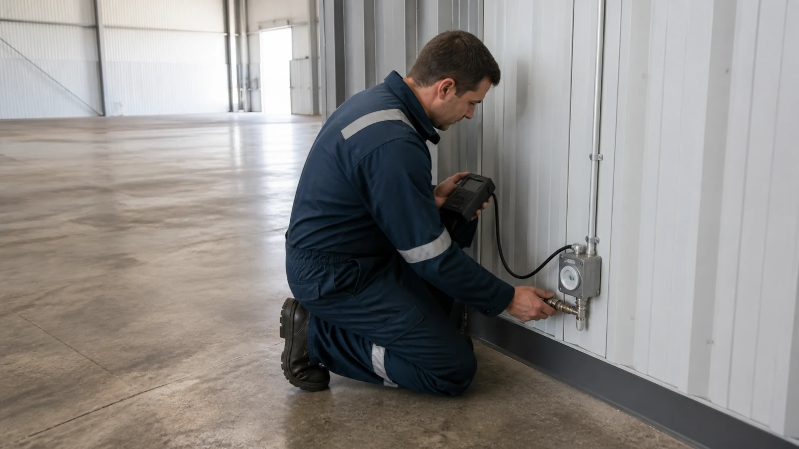 Technician calibrates a low-level vapor sensor beside aircraft maintenance equipment.
