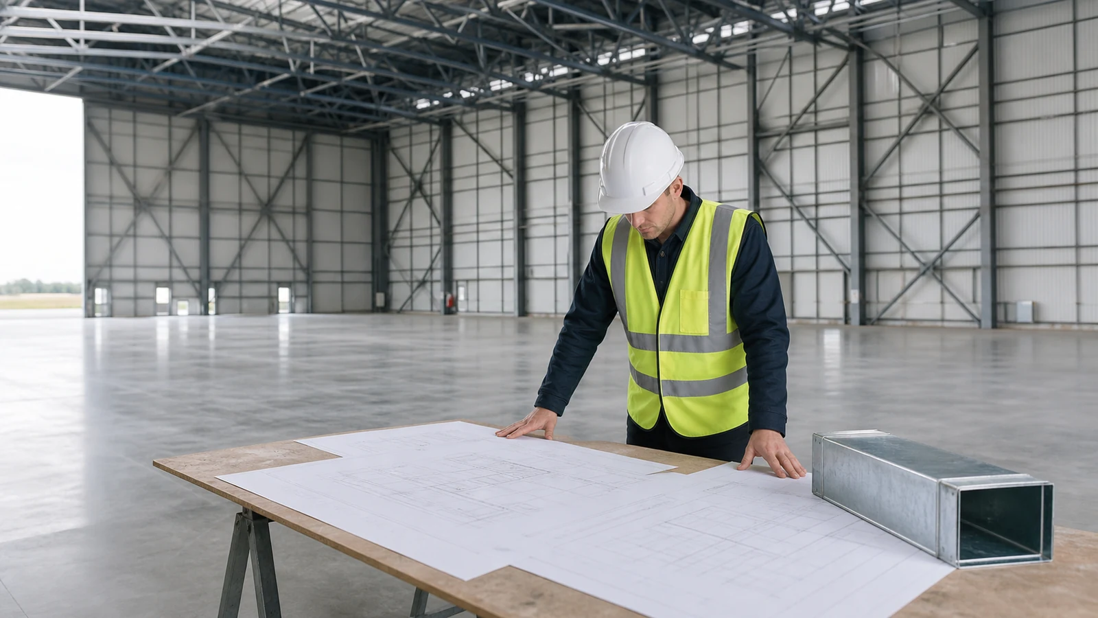 Engineer reviews hangar ventilation and structural interface drawings beside installed steelwork.