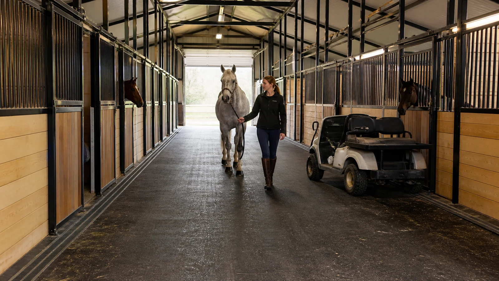 Horse and handler move through a steel barn aisle with textured flooring and clear drainage edges.
