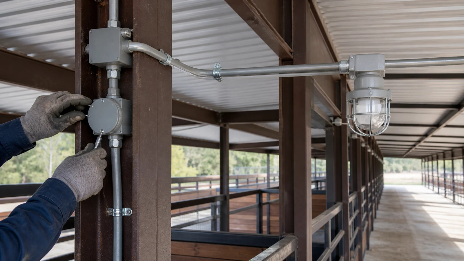 Electrician installs protected conduit and junction boxes beyond horse reach in a steel barn.