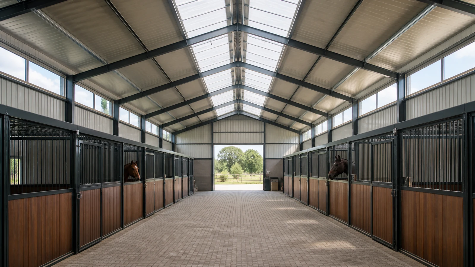 Horse barn roof and wall daylight openings provide soft light across protected stalls.