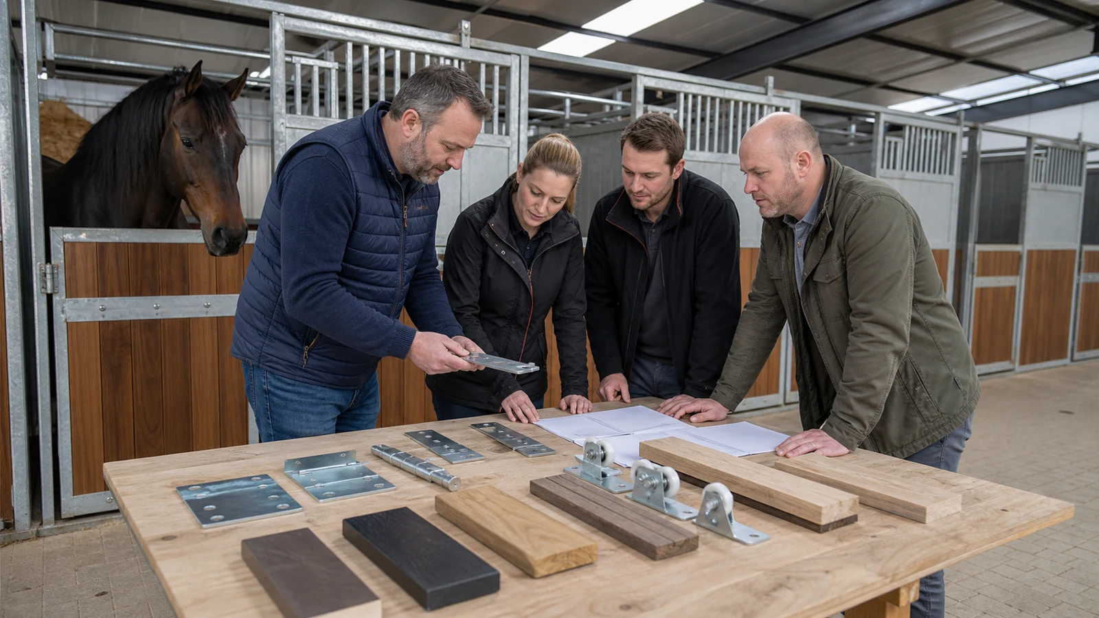 Procurement team compares door hardware and leaf samples inside a steel barn