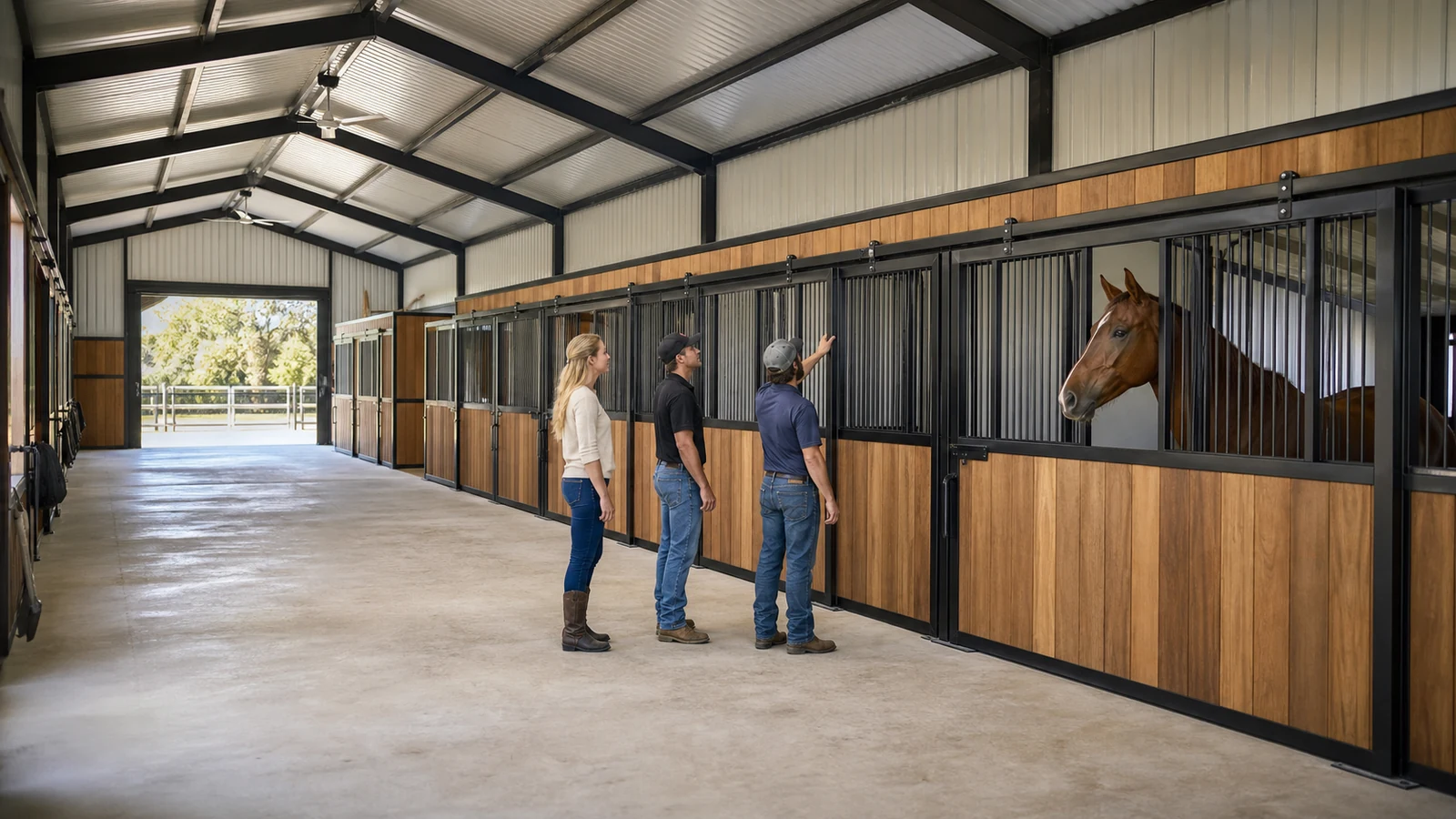 Owner and workers review aligned stall doors in a completed steel horse barn