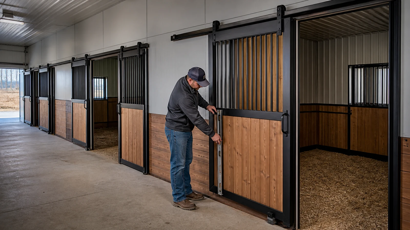 Inspector checks door alignment, guide engagement, and latch function in a barn