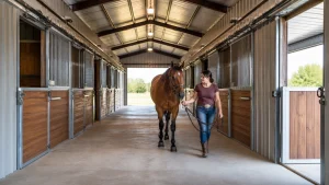 Handler leads a calm horse through a clear steel barn aisle with safe stall doors
