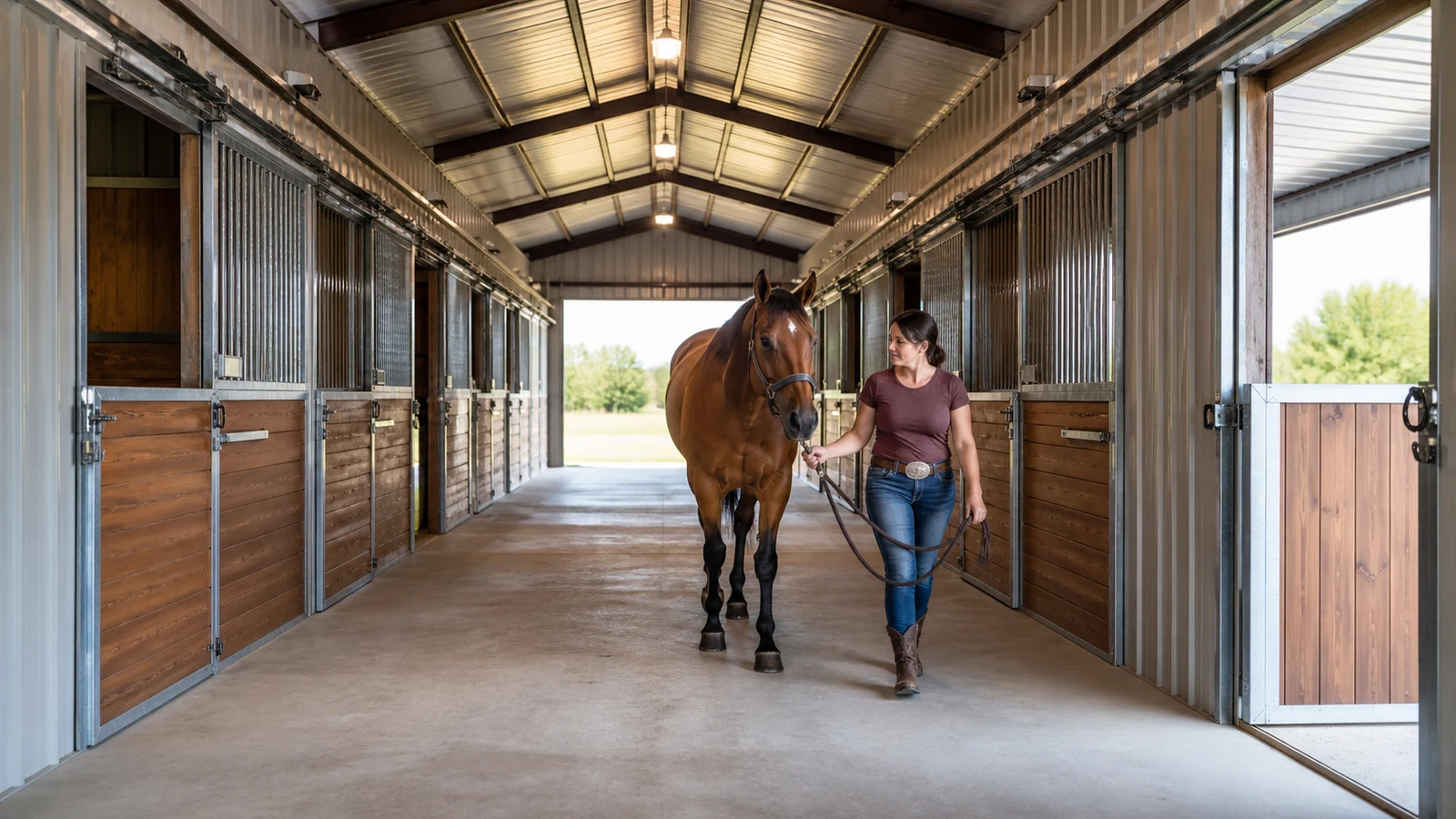 Handler leads a calm horse through a clear steel barn aisle with safe stall doors