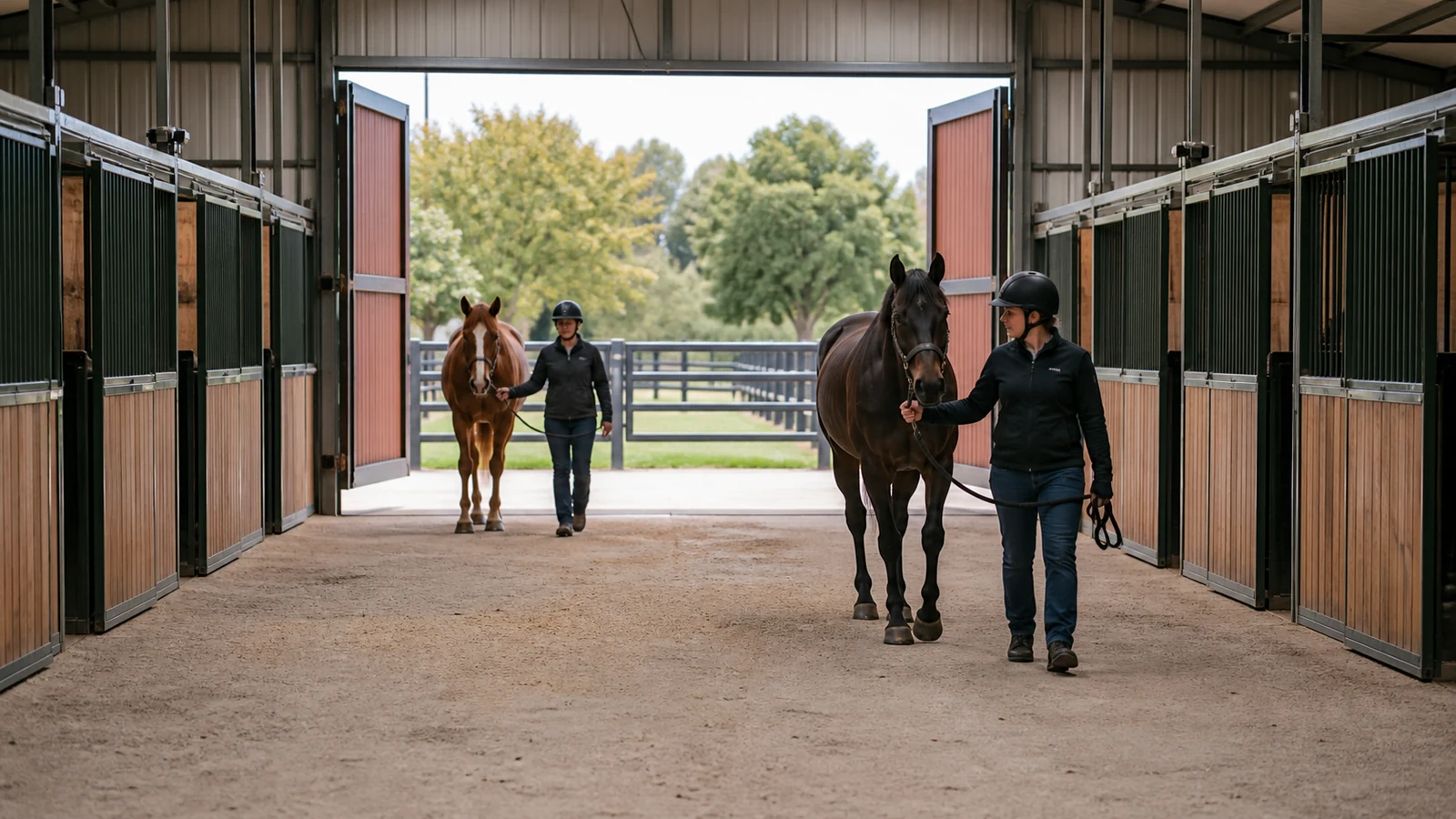 Wide stable aisle and outward routes lead horses toward a secure exterior holding area