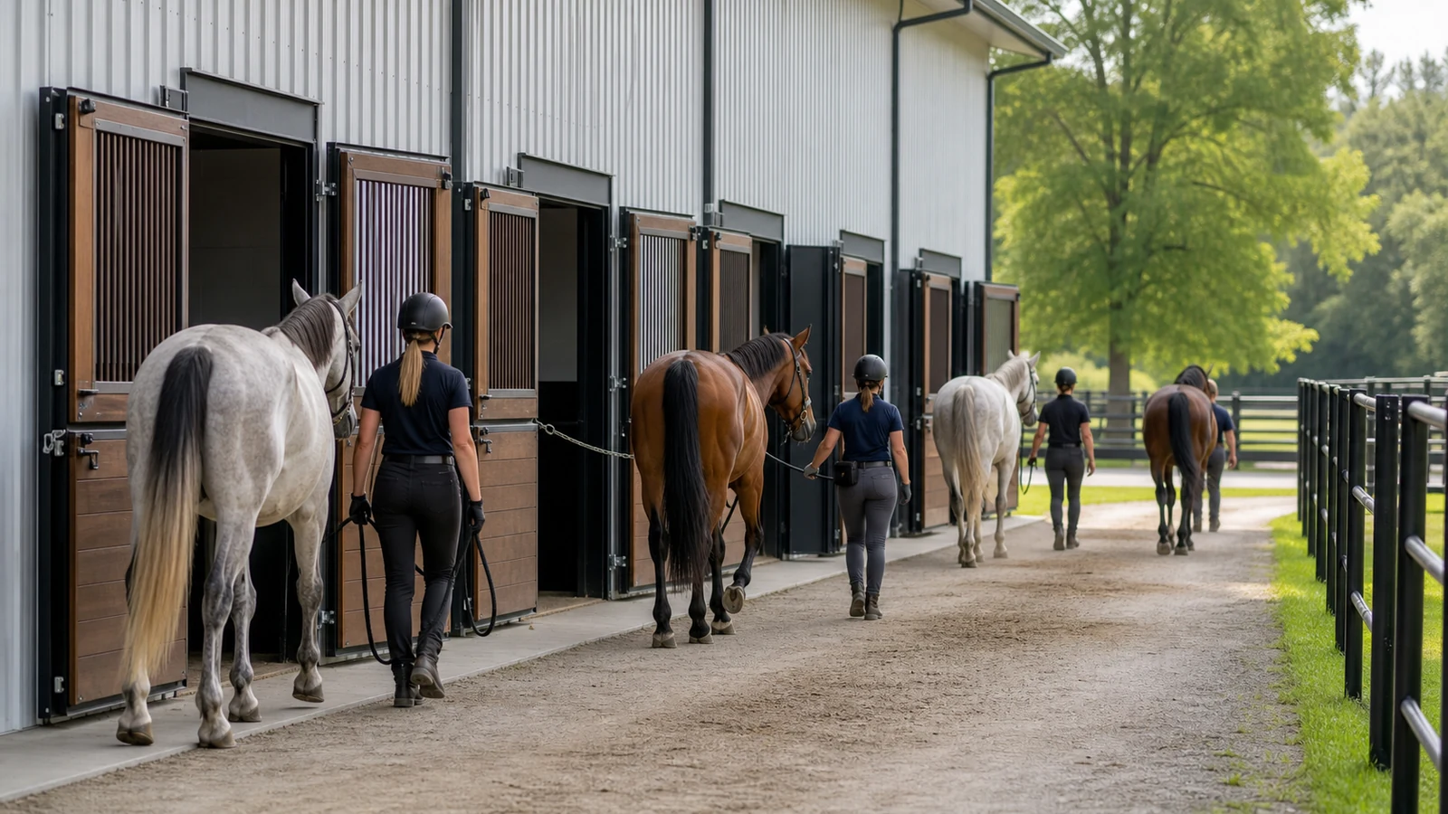 Calm horses move through exterior stall doors into a secure evacuation laneway