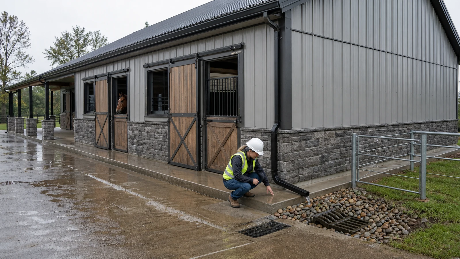 Engineer checks apron levels, roof water discharge, and protected drainage beside a steel horse barn.