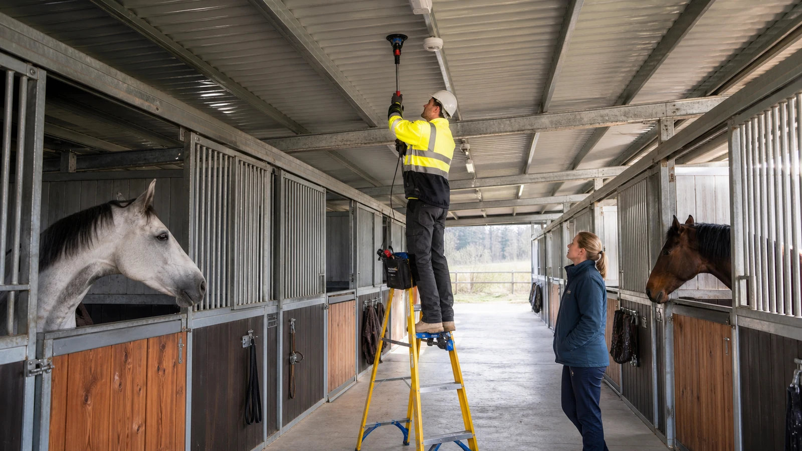 Technician tests barn detection and alarm devices under a steel stable roof