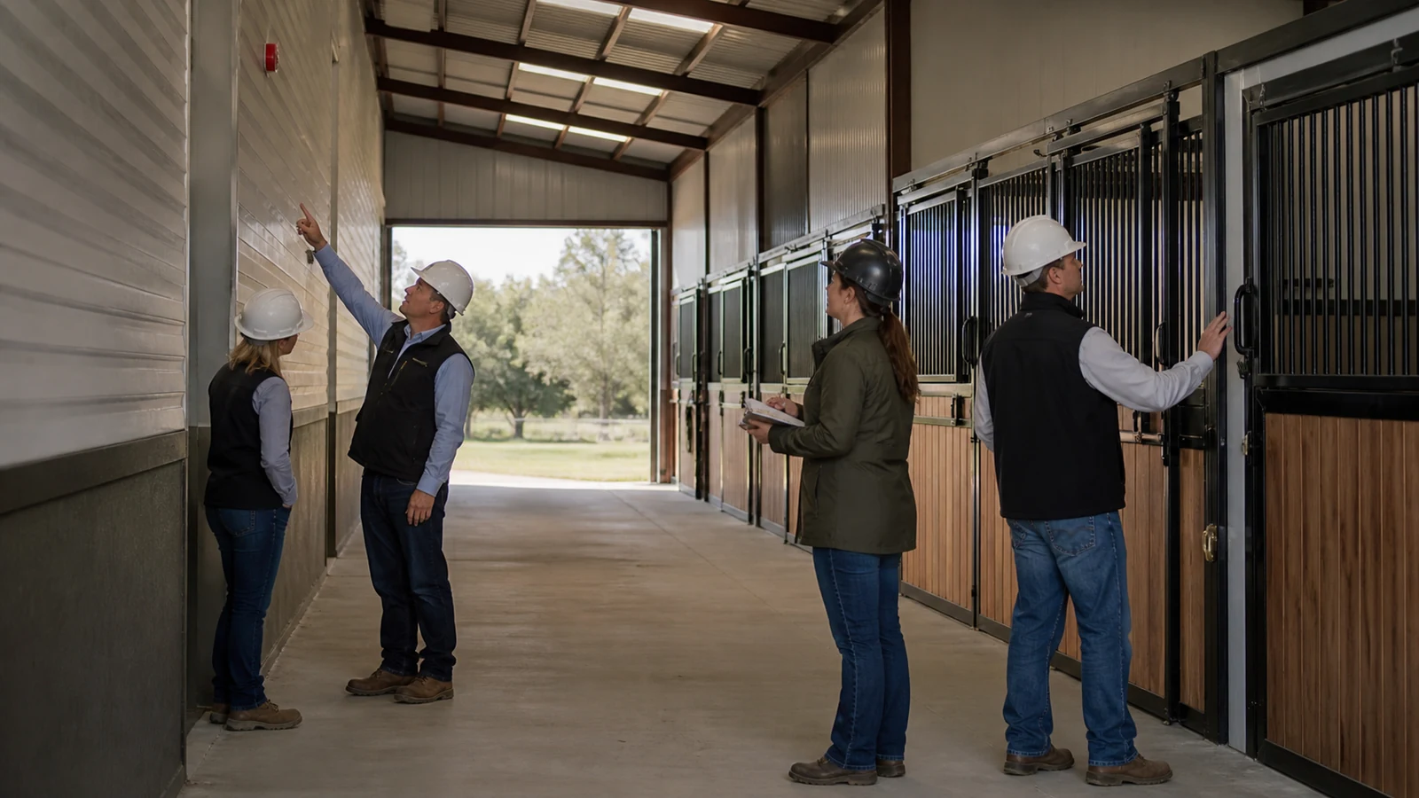 Project team inspects stable exits, doors, alarms, and protected wall penetrations