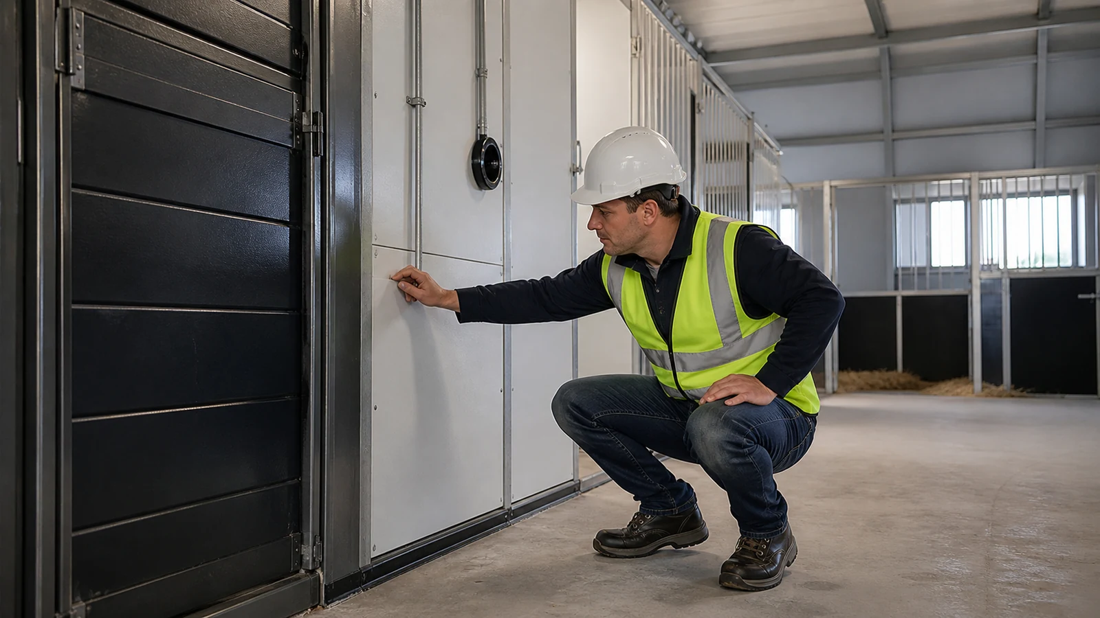 Inspector checks steel barn wall joints, doors, linings, and sealed service penetrations