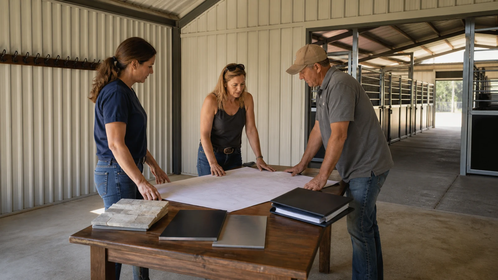 Owner, designer, and contractor review stable fire drawings and inspection records