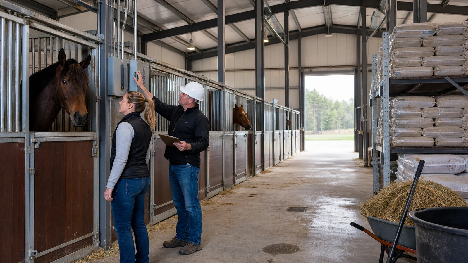 Stable manager and engineer inspect ignition risks inside a clean steel horse barn