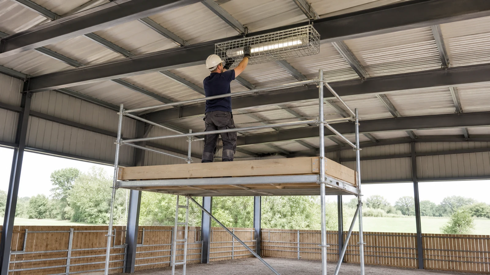 Electrician installs a sealed protected light fixture high above a horse stall aisle.