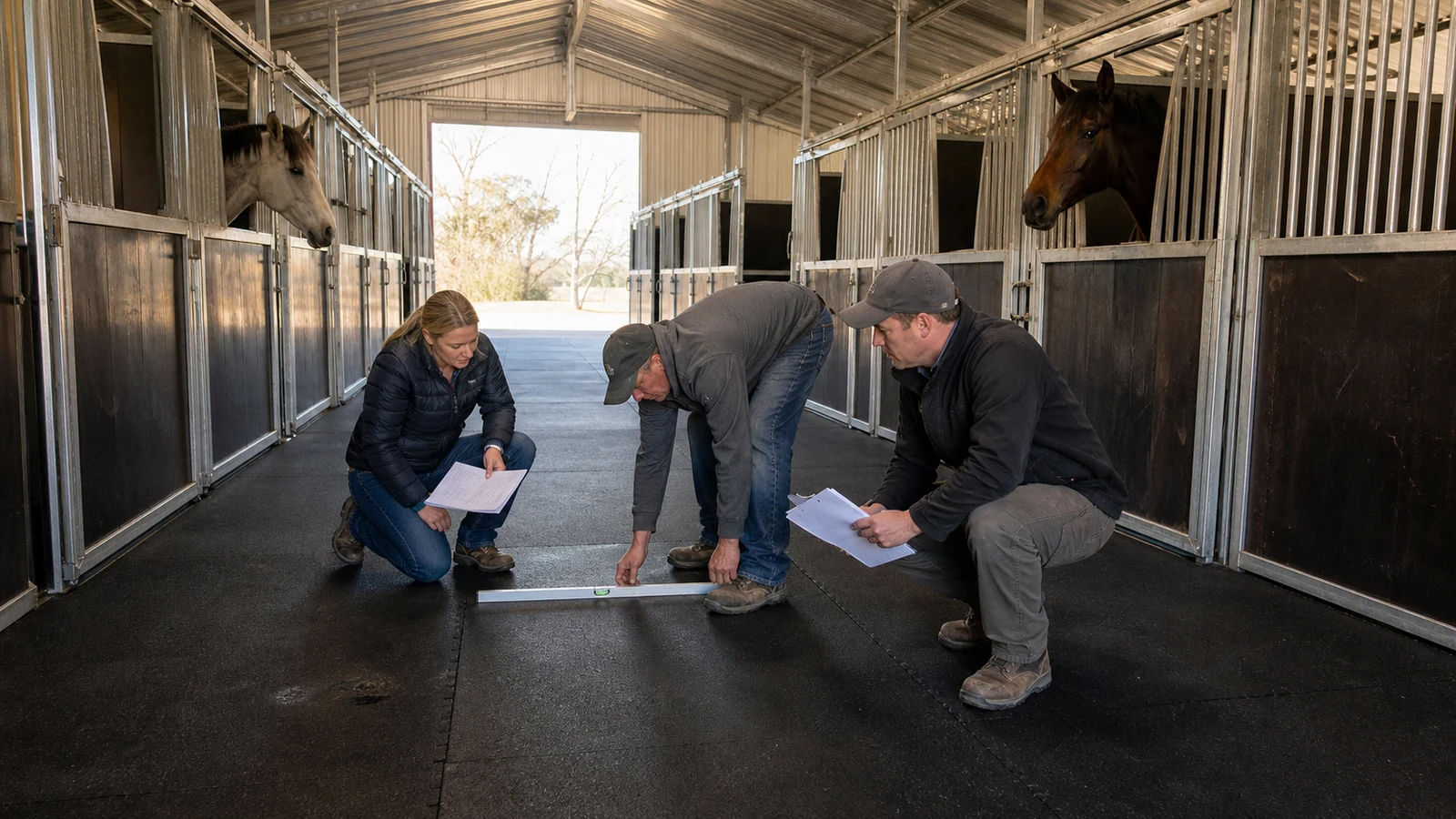 Project team checks level, mat seams, and flooring records before horse barn handover.