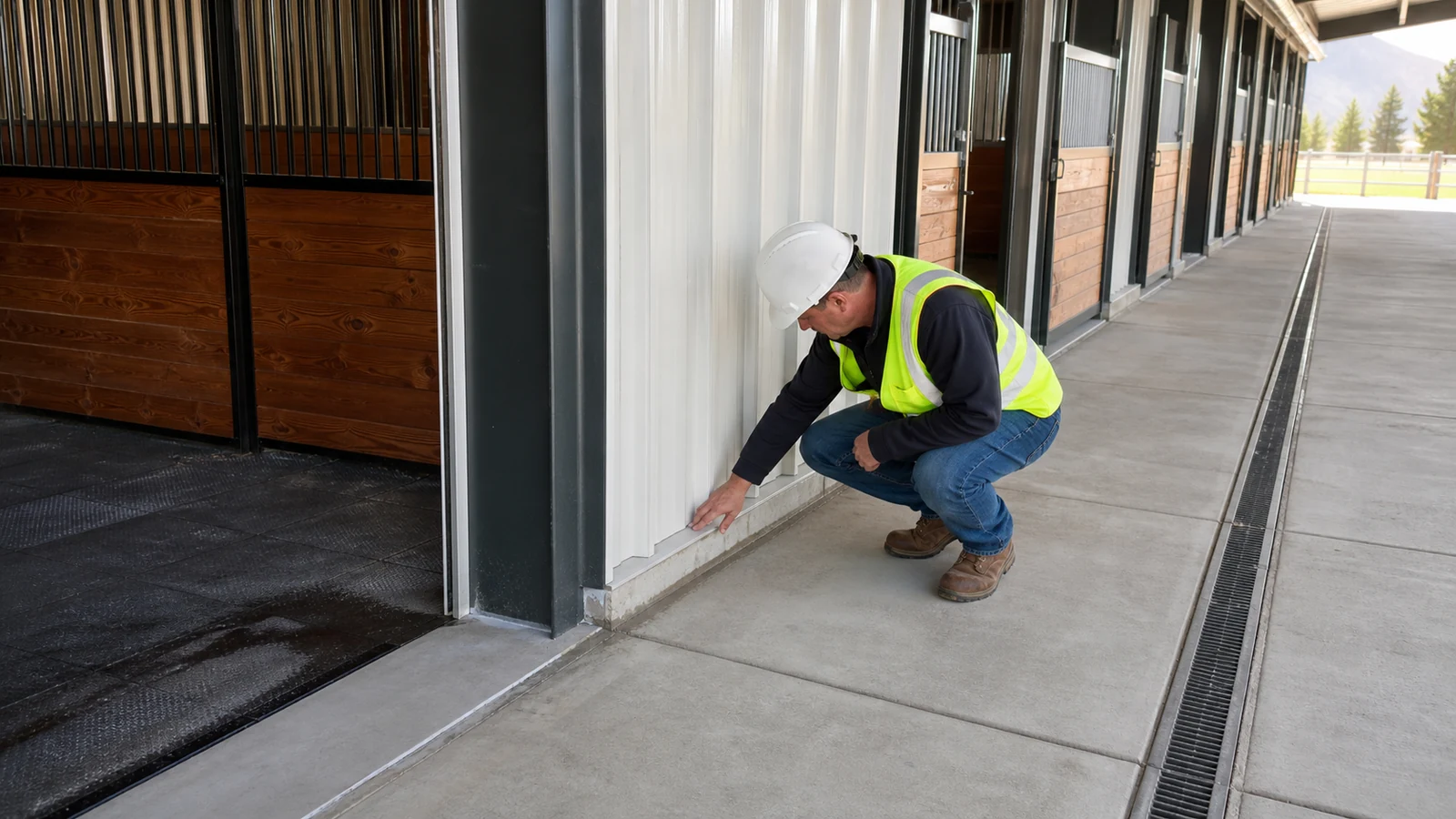 Engineer checks the sealed floor edge, steel column, wall panel, joint, and drainage interface.