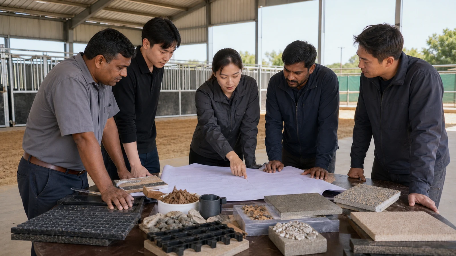Project team compares soil, drainage, concrete, and rubber samples for a horse barn flooring RFQ.