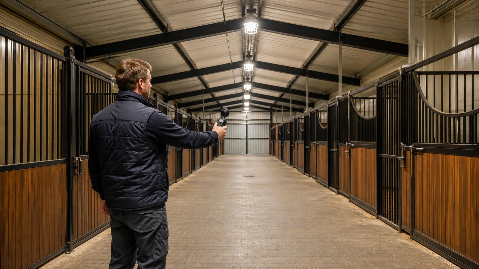 Technician measures light levels along a completed horse barn aisle with a handheld meter.