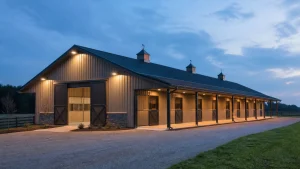 Completed steel horse barn at dusk with controlled entrance and yard lighting.
