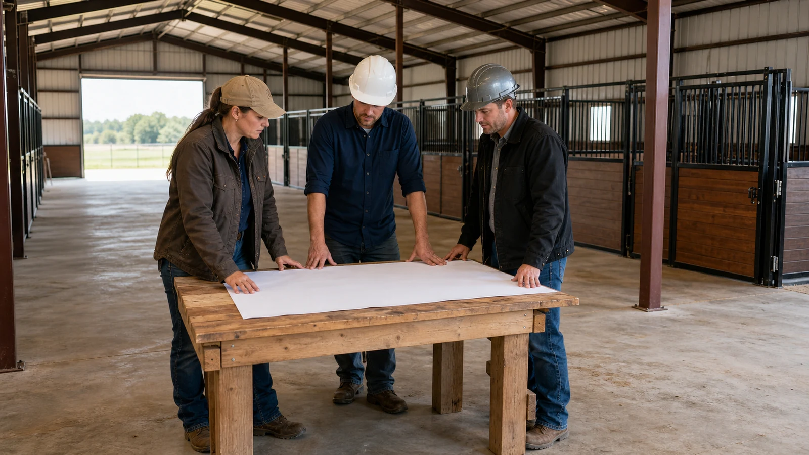 Designer reviews barn lighting locations beside visible steel framing and stall partitions.