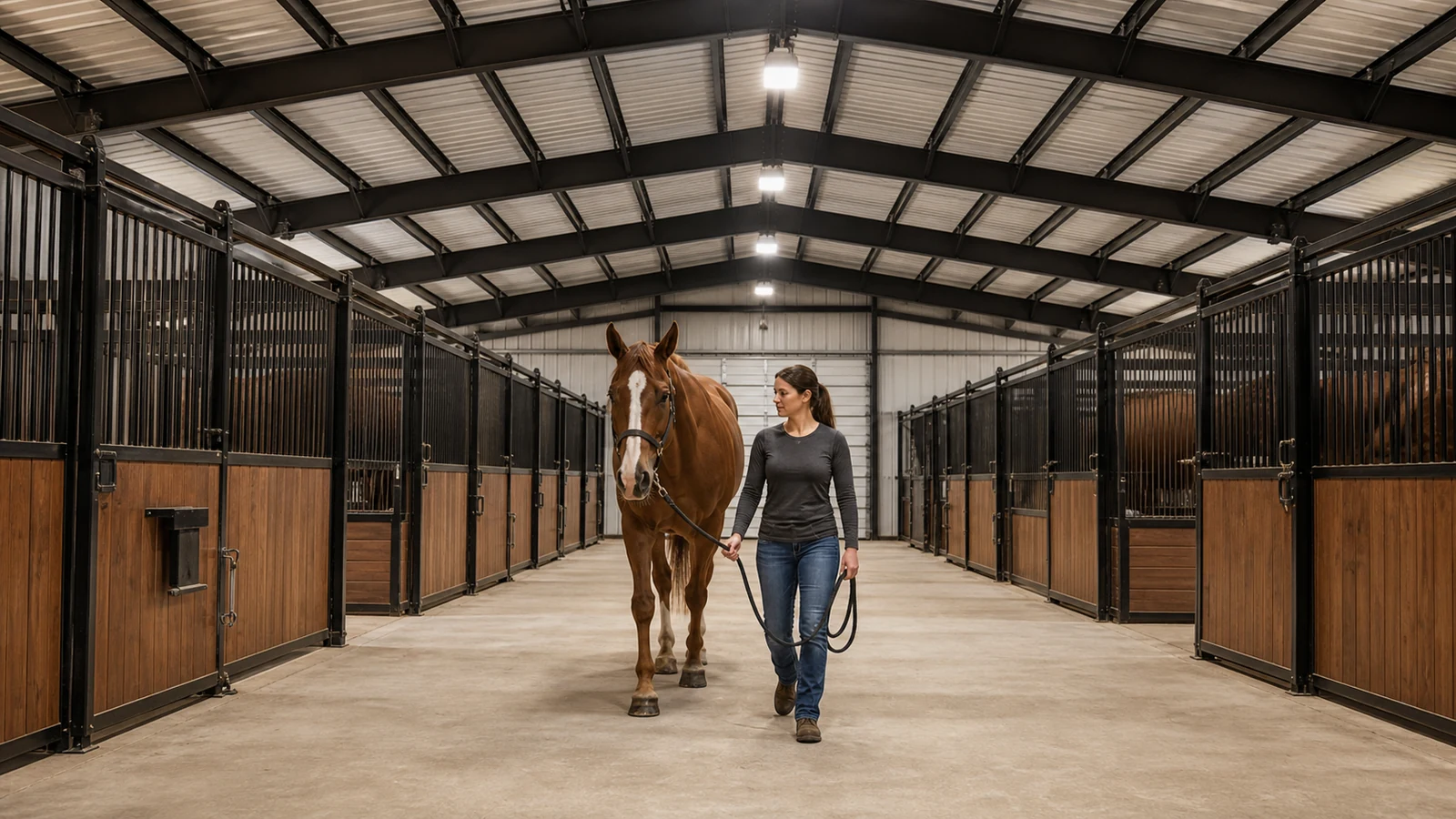 Horse and handler move through an evenly lit center aisle with clear stall fronts.