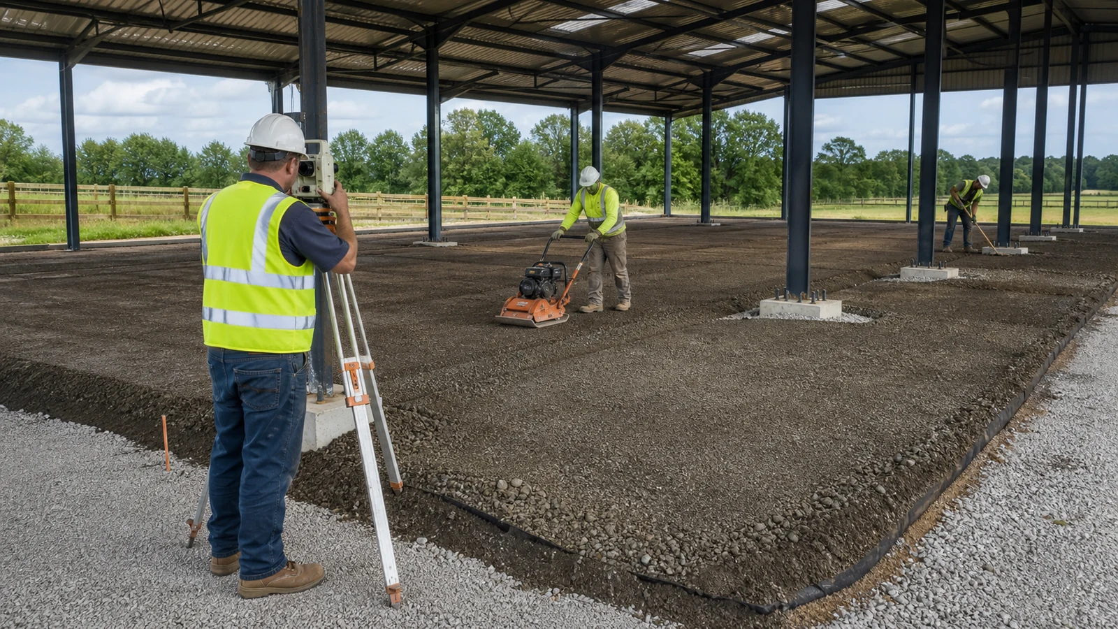 Civil crew compacts and surveys the granular base inside a partially built steel horse barn.