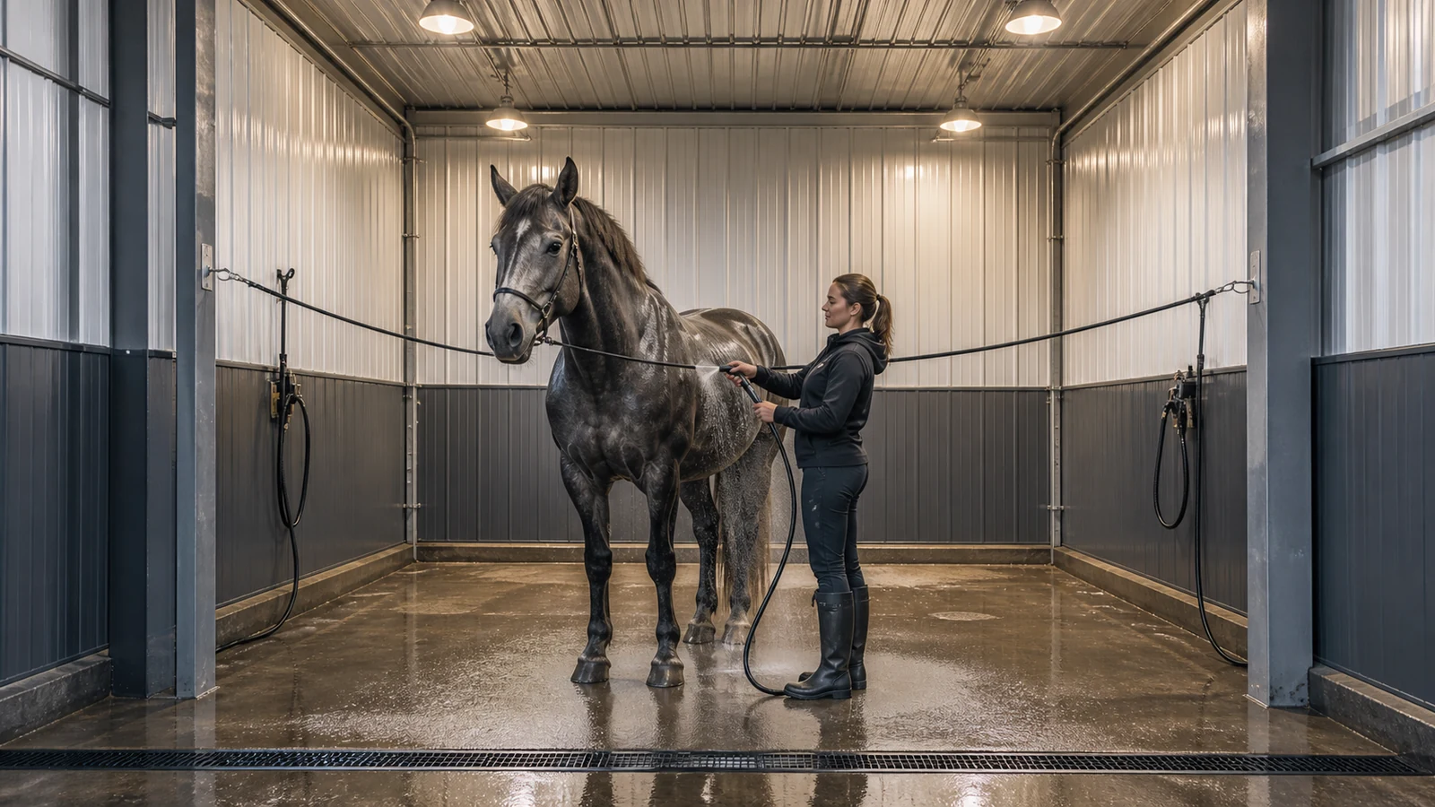 Horse wash bay uses sealed overhead lighting, protected outlets, drainage, and clear work space.