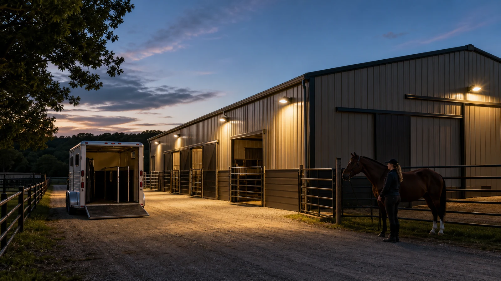 Shielded exterior lights serve a horse loading area and barn entrance at early evening.