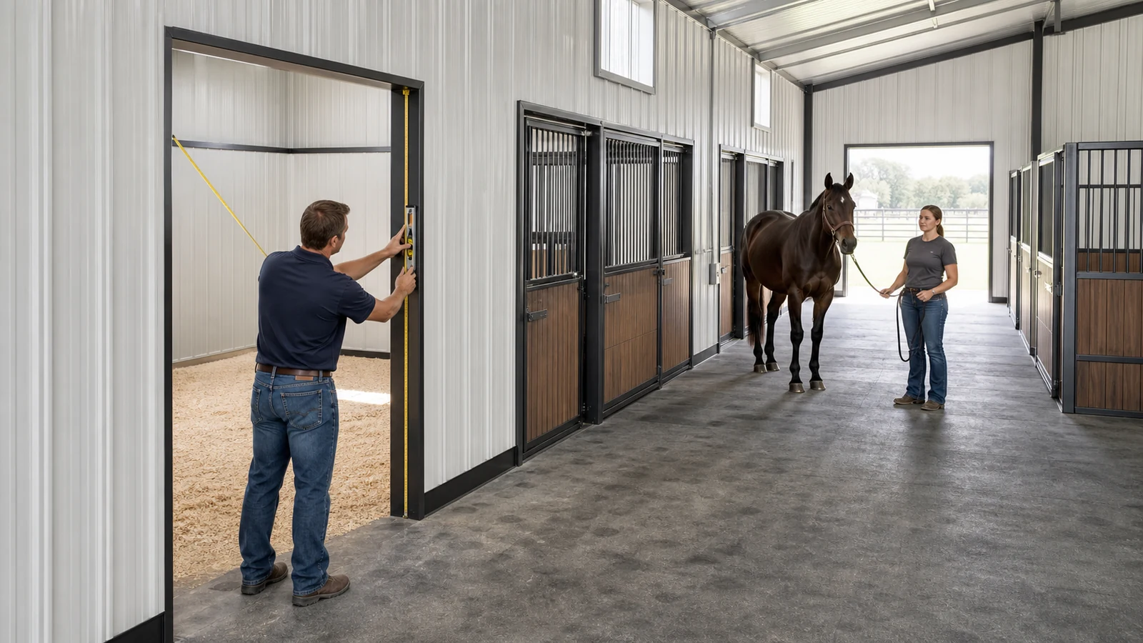 Designer measures a finished horse stall doorway while a handler waits nearby