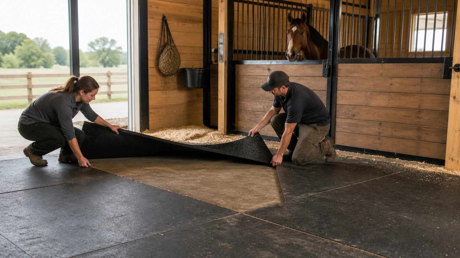 Barn team lifts a rubber mat to inspect the dry, level base and seam condition beneath it.