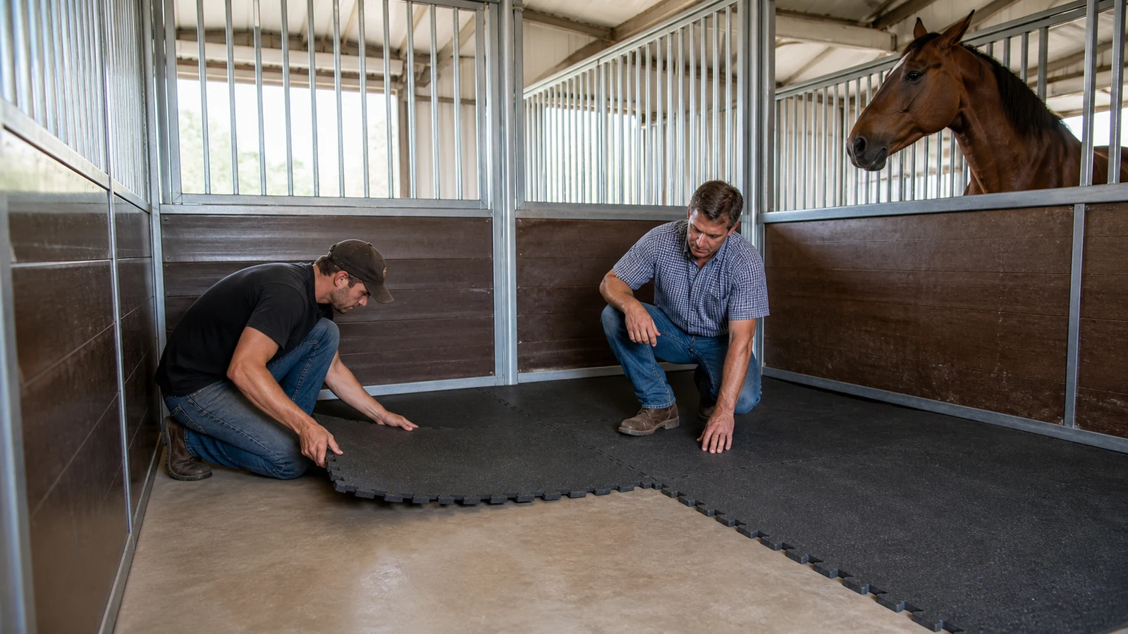 Installers fit interlocking rubber mats over a prepared horse stall base while checking seams.