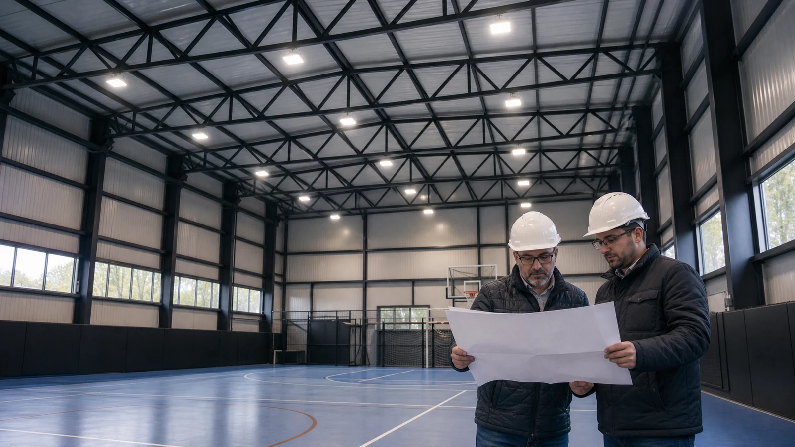 Developer and engineers inspect court lighting and roof structure before tender