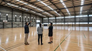 Sports facility team reviews court activities inside a wide steel-framed indoor hall
