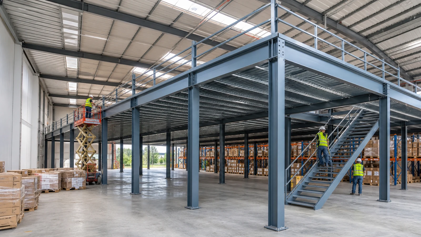 Wide warehouse mezzanine frame shows steel beams, columns, decking, and clear aisles