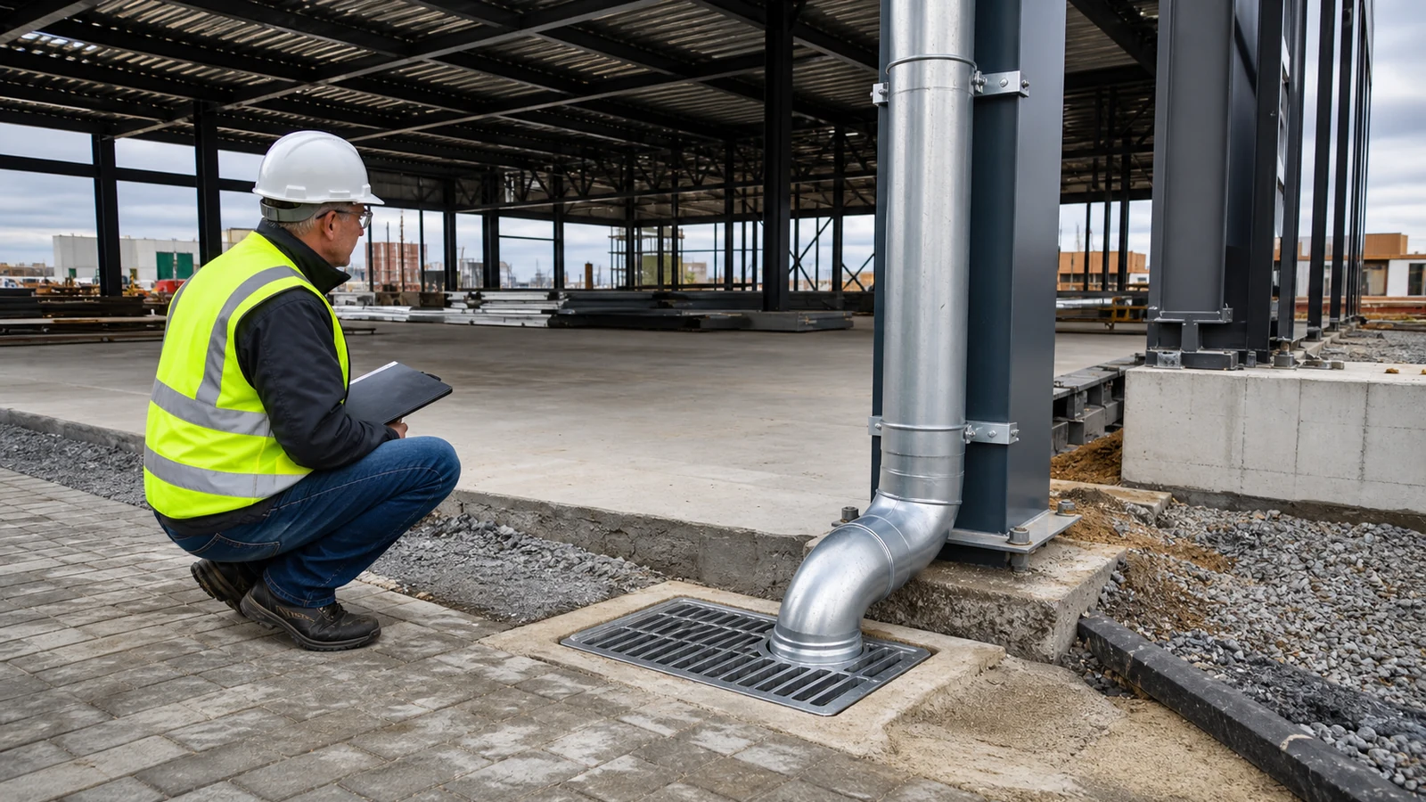 Mall downpipe connects to protected civil drainage away from entrances and foundations.