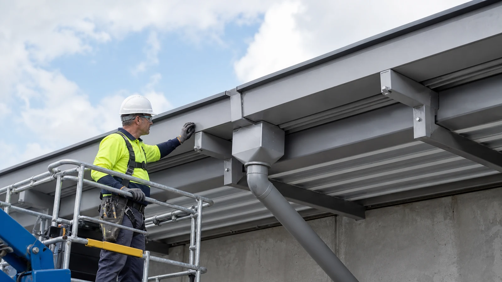 Installer checks a large commercial gutter, expansion joint, and downpipe connection.