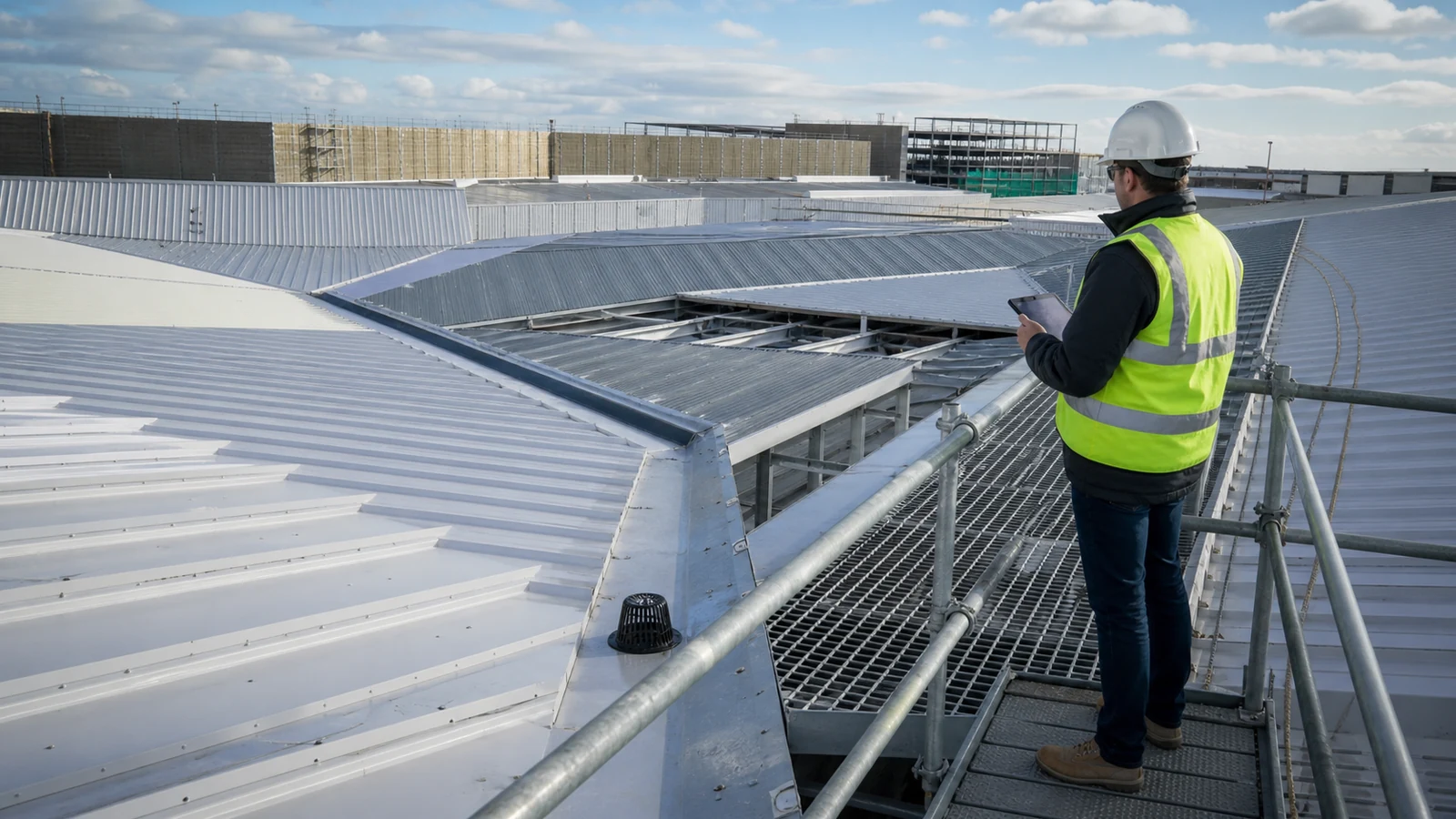 Engineer surveys mall roof slopes, valleys, and outlet catchments before cladding completion.