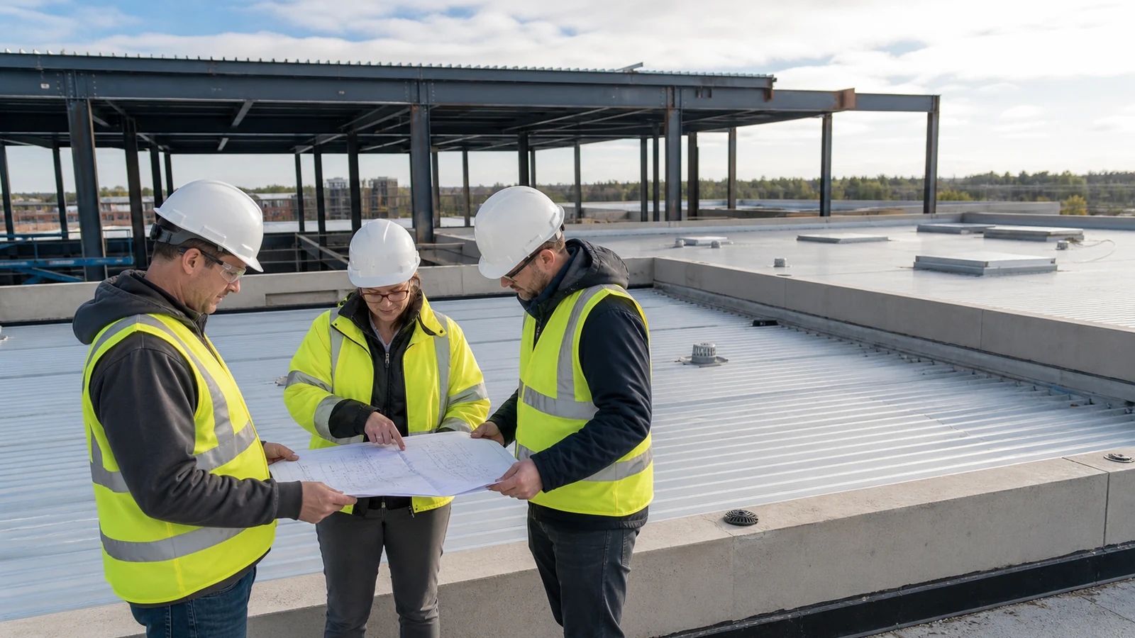 Structural, roofing, and civil engineers coordinate mall roof drainage zones.