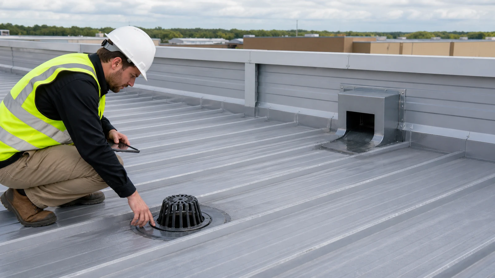 Independent primary drain and parapet overflow scupper are inspected on a mall roof.