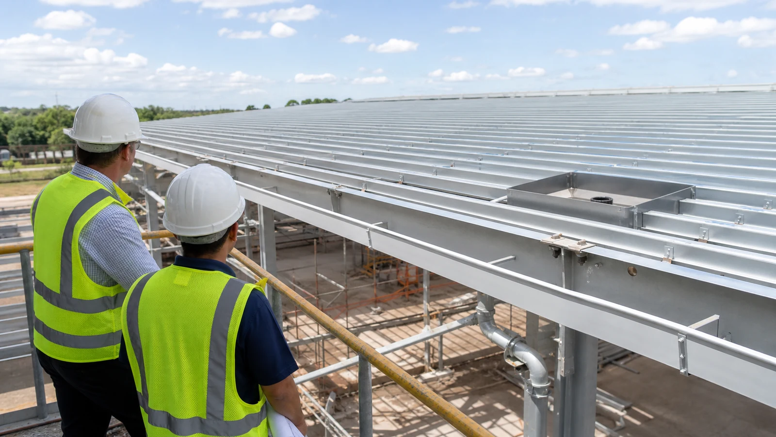 Purlins and framed outlet openings are coordinated before mall roof panel installation.