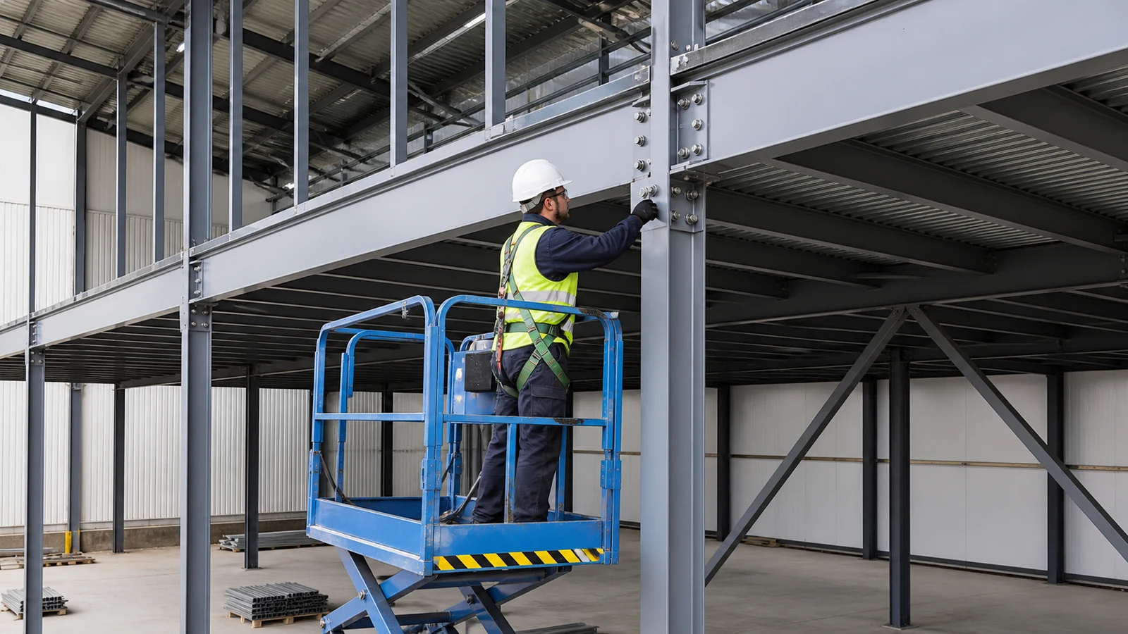 Quality inspector checks bolted steel mezzanine connections during warehouse erection